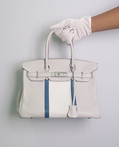 Club Birkin 30 Clemence/Lizard in Gris Perle/White, front view